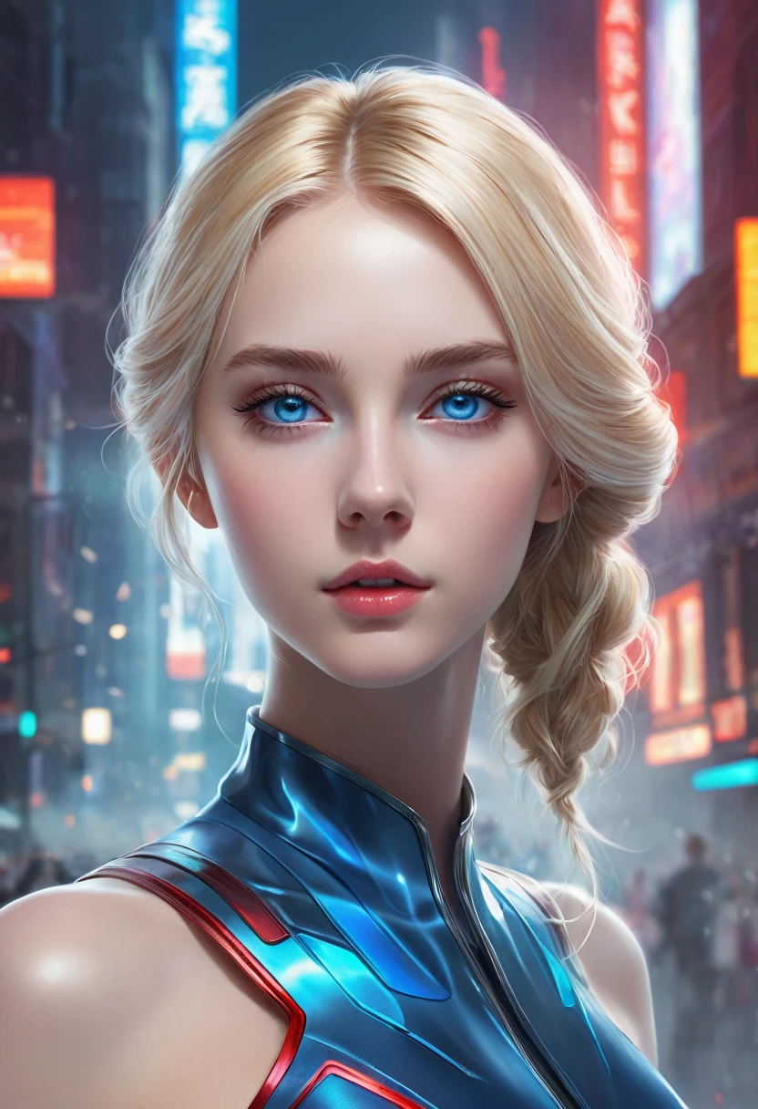 perfect, blue-eyed blonde girl, her hair looks almost real in her fluid illustration style. The girl's human anatomy is depicted with delicate precision, showing her elegant posture and graceful features. She has a full red cap on her head, with a lot of shine and cinematic lighting on the front of the cap (front), intricate details of the girl's hair and facial features, digital art, winner of the Artstation contest, imagine fx, in a futuristic city with colorful smoke and fog, high quality, side view, (full uncropped image)