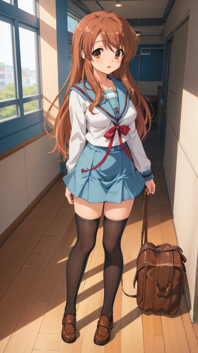 (masterpiece), highest quality, high resolution, illustration, game cg, asahina mikuru, detailed eyes, perfect face, serafuku, pleated miniskirt, thigh highs, school, hallway, sitting, (knees bent:1.2), (pantyshot)