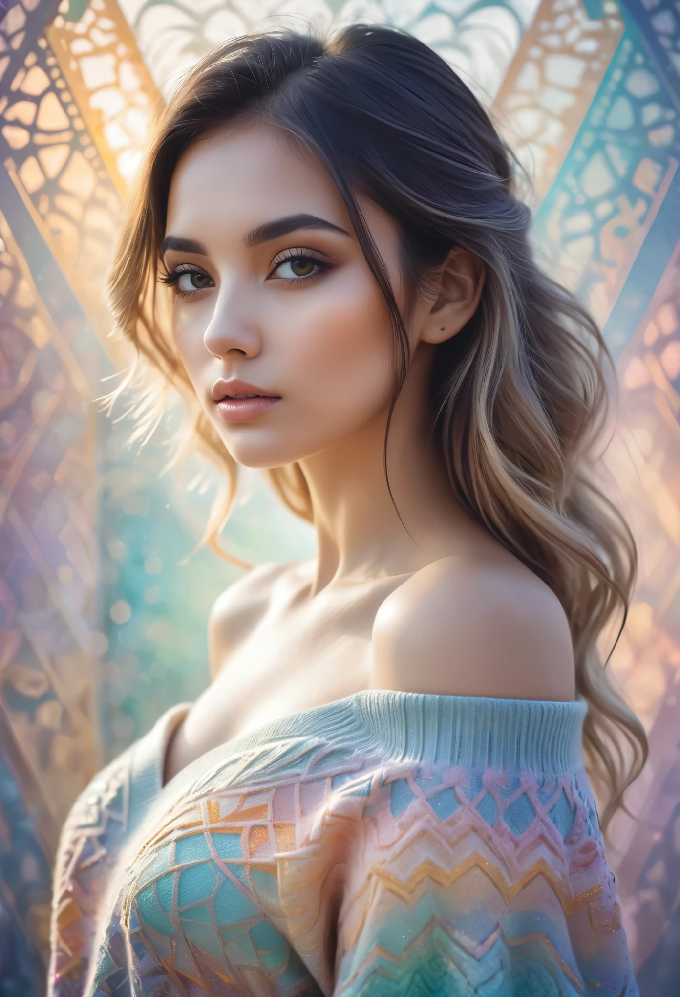 1girl,mysterious girl ,an exotic girl in off-shoulder sweater,fading backlit background,pastel colors,alluring goddess,amazing depth,double exposure,surreal,geometric patterns,intricately detailed,bokeh,perfect balanced,deep fine borders,artistic photorealism,smooth