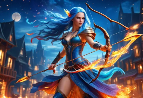 a picture of fire sorceress firing a flaming arrow from a magnificent epic bow, an elite glamour beautiful  fire sorceress, blue...