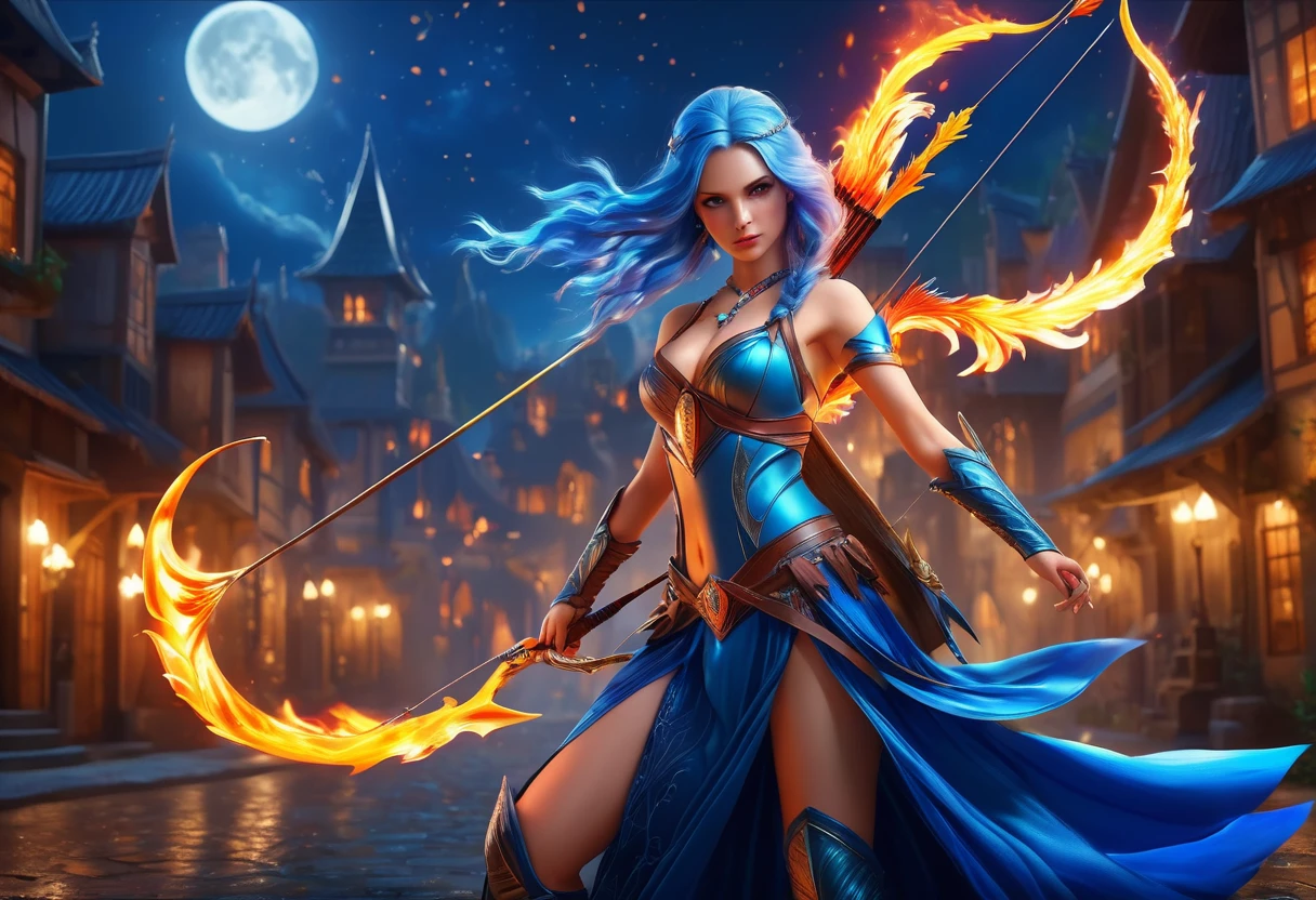 a picture of fire sorceress firing a flaming arrow from a magnificent epic โค้งคำนับ, แม่มดไฟที่สวยงามเย้ายวนใจชั้นยอด, ผมสีฟ้า, ผมยาว, ผมหยัก, สวมชุดที่เย้ายวนใจ, การแต่งกายที่สลับซับซ้อน, ชุดเดรสสีแบบไดนามิก , มีลวดลายไฟอยู่ด้วย, aiming an epic โค้งคำนับ with a flaming arrow,  dynamic โค้งคำนับ, ต่อยที่แก้ม , ลูกศรพร้อมที่จะถูกยิง, dynamic โค้งคำนับ, ต่อยที่แก้ม , ลูกศรพร้อมที่จะถูกยิง, เป็นเวลากลางคืน, แสงจันทร์, คืนดาว, คืนที่มีเมฆมาก,  รายละเอียดสูง, คุณภาพดีที่สุด, 16k, [ละเอียดมาก], ผลงานชิ้นเอก, คุณภาพดีที่สุด, (มีรายละเอียดมาก), มุมไดนามิก, ยิงเต็มตัว, ถนนในเมืองแฟนตาซีในเวลากลางคืน, เล็งธนู, โค้งคำนับ (อาวุธ), เล็งธนู ,ฟาซ, ราล-สลาวา