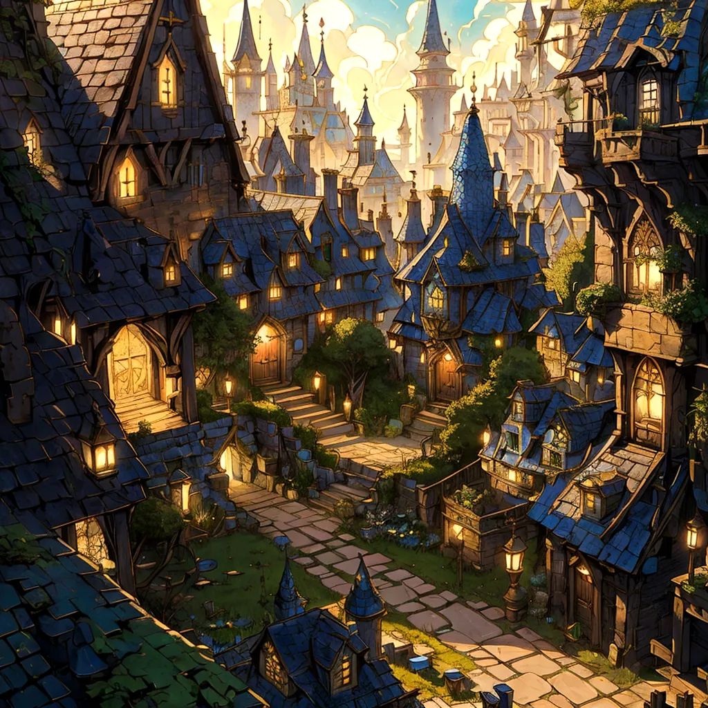 there is a small courtyard with a fountain and a lot of houses, medeival fantasy town, fantasy town setting, a bustling magical ...