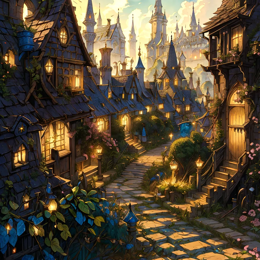 there is a small courtyard with a fountain and a lot of houses, medeival fantasy town, fantasy town setting, a bustling magical ...
