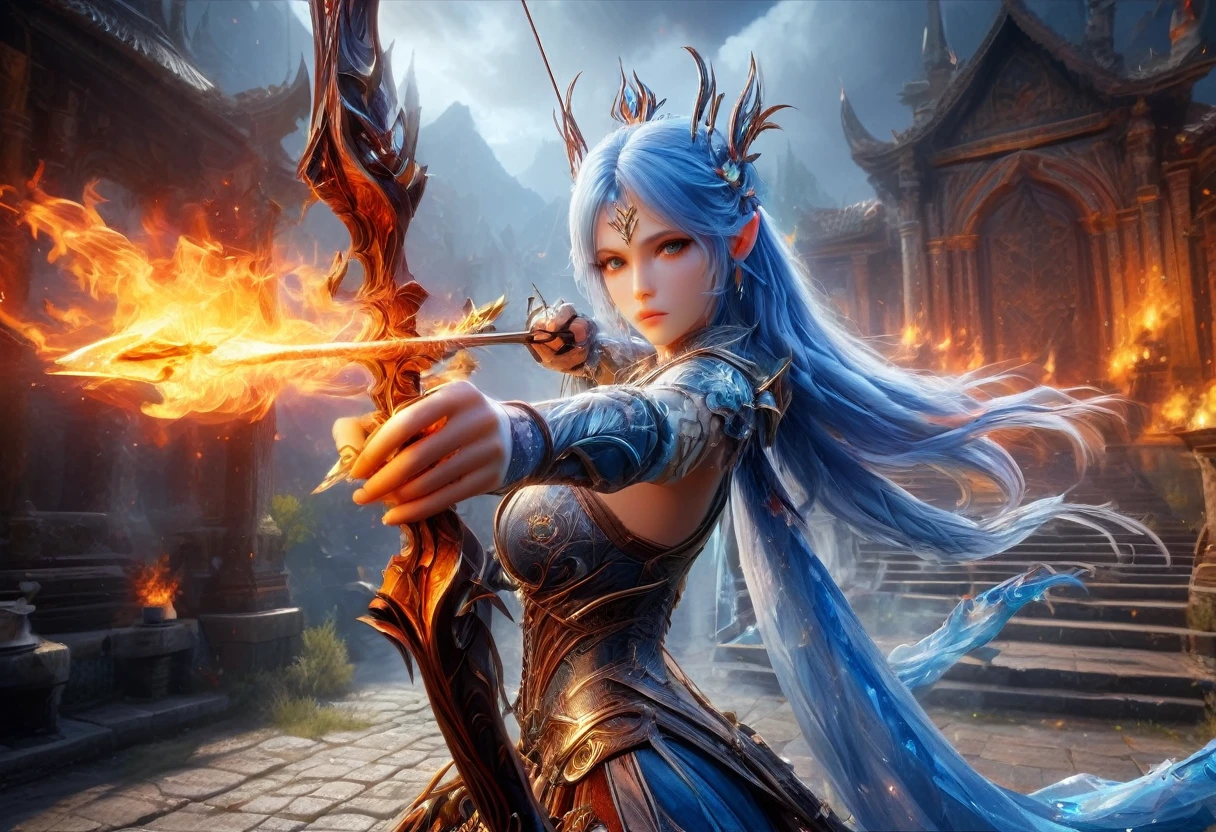 a picture of fire sorceress firing a flaming arrow from a magnificent epic bow, an elite glamour beautiful  fire sorceress, blue hair, long hair, wavy hair, wearing wild glamour dress, intricate dress, dynamic color dress , with fire patterns on it, aiming an epic bow with a flaming arrow,  dynamic bow, sting drawn to the cheek , arrow ready to be shot, dynamic bow, sting drawn to the cheek , arrow ready to be shot, it is night, moon light, starry night, cloudy night,  high details, best quality, 16k, [ultra detailed], masterpiece, best quality, (extremely detailed), dynamic angle, full body shot, fantasy urban street at night bacground, Aiming a Bow, bow (weapon), Aiming a Bow ,faize, ral-lava