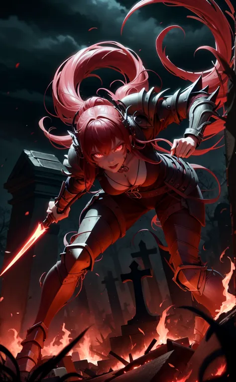 sexy vampire girl in soldier armor in cemetery lit by flames, she is holding a spear, fully body, movement pose