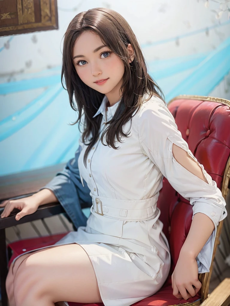 raw photo, 1girl, cute face, beautiful face, medium breast, collared blouse, White blouse, light smile, detailed skin, simple background, Above the knee, sit on a chair, Seductive pose, photorealistic, masterpiece, best quality, anatomically correct