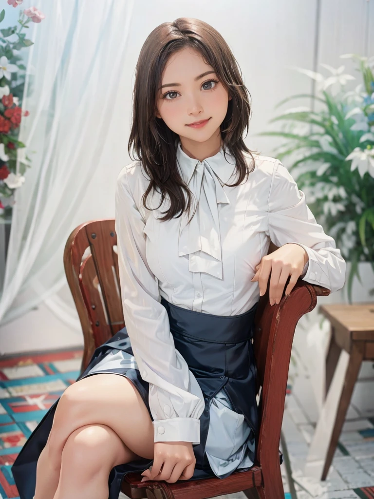 raw photo, 1girl, cute face, beautiful face, medium breast, collared blouse, White blouse, light smile, detailed skin, simple background, Above the knee, sit on a chair, Seductive pose, photorealistic, masterpiece, best quality, anatomically correct