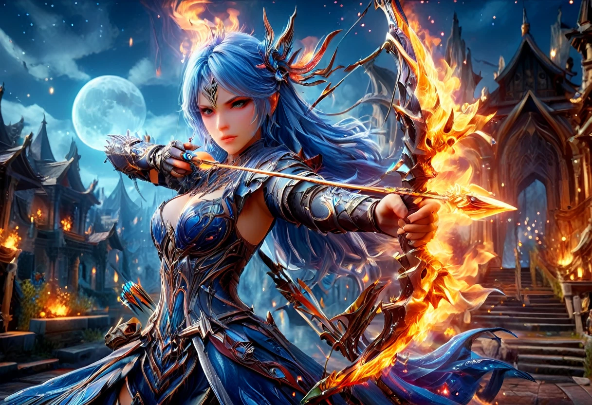 a picture of fire sorceress firing a flaming arrow from a magnificent epic bow, an (elite glamour beautiful: 1.2), fire sorceress, ultra detailed face,  perfect face, blue hair, long hair, wavy hair, wearing wild glamour dress, intricate dress, purple dress , with fire patterns on it, aiming an epic bow with a flaming arrow,  dynamic bow, sting drawn to the cheek , arrow ready to be shot, dynamic bow, sting drawn to the cheek , arrow ready to be shot, it is night, moon light, starry night, cloudy night,  high details, best quality, 16k, [ultra detailed], masterpiece, best quality, (extremely detailed), dynamic angle, full body shot, fantasy urban street at night bacground,  ,faize, firing and arrow, bow (weapon)