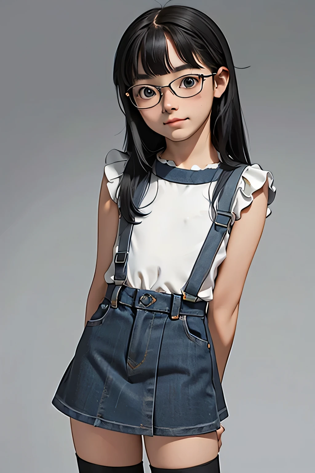 masterpiece, 8K, Highest quality,10 year old cute girl , Honor student, Very white skin, Long black curly hair，a bit，Short，freckles，Thick eyebrows，Blunt bangs，(Flat Chest) ，feminine, freckles,clear, elegant,  cute, smile, Hilarious, belly button, Denim Low Rise Mini Skirt, ((Black Pantyhose)), (Yellow clothes)、((Gray background))、Glasses