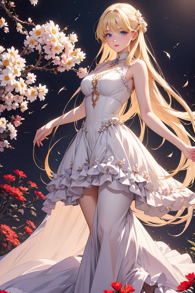 Exquisite and charming anime style illustration, alucard fusão com sarada dark fênix in the daisy flower bed, a beautiful girl with blond hair, blue eyes, half body, hiding in the flowers dark black , colorful and dazzling black . Intricate details, rendering and painting techniques come together to create a mesmerizing scene that evokes elegance and otherworldly elegance.