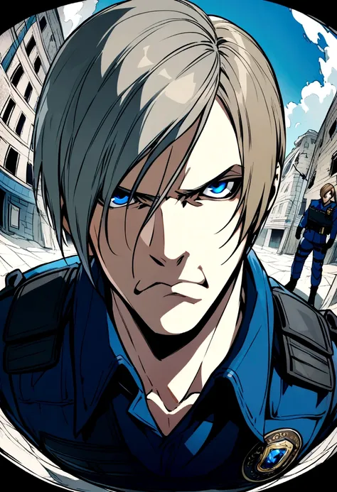 pointed chin,male character,Leon Kennedy,Resident Evil,blue colored eyes -  SeaArt AI