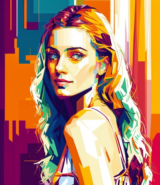 A close up of a painting of a Woman, WPAP woman, Colored movie art, Vector Art Style, vectorial art, Vibrant Fan Art, , vectorial art multicolorida, in digital illustration style, art of alessandro pautasso, Premium work of art