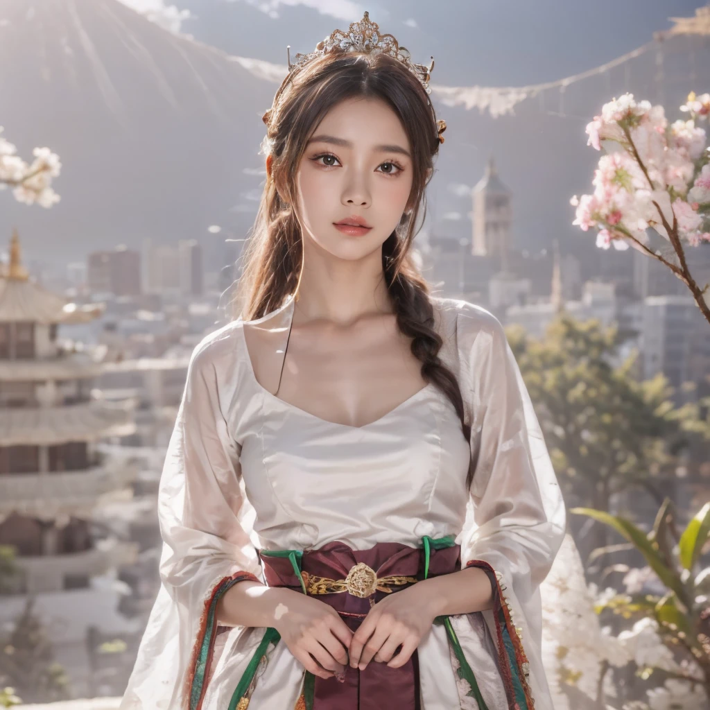 Blue sky and white clouds，Mountains in the distance、tower and many people，Pink flowers，Cherry tree，Hanfu woman,Phoenix crown tiara、Fine embroidery、穿Hanfu裤袜、Hanfu、穿长袖Hanfu、The legs are transparent and clearly visible、Look and、Exposed oversized breasts、Raw,(8K、Top quality、masterpiece:1.8)、(Intricate details:1.8)、(Reality:1.8)、Octane Rendering、Complex 3D rendering with ultra-details, Studio soft light, Side light, Vivid details, Super Detail, Realistic skin texture, Details, beautiful eyes, Highly detailed CG Unity 16k wallpaper, cosmetic, (Detailed background:2.0), Clear your fingers，Beautiful fingers，Radiant skin、Spread your legs，Camel toe showing thigh!!!、