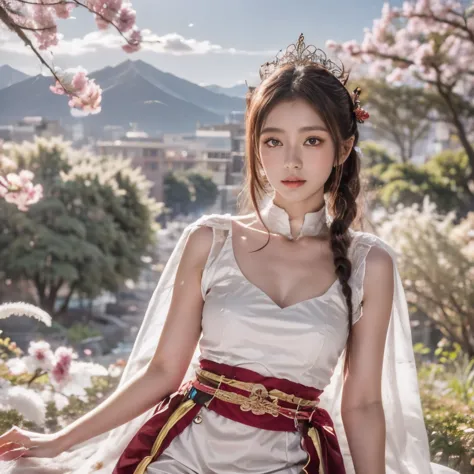 Blue sky and white clouds，Mountains in the distance、tower and many people，Pink flowers，Cherry tree，Hanfu woman,Phoenix crown tia...
