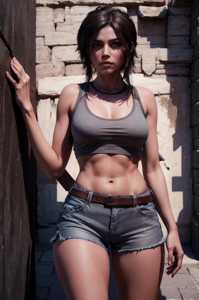 a professional photo of rottr_lracrft woman, wearing a very long v neck  sleeveless grey shirt, long cotton shorts, tactical belts around thighs, dynamic standing  pose in the great wall of china sunbathing, ((extremely detailed skin)), (perfect eyes), (((perfect hands))), (curvy hips:0.8), (filmic lighting), (desaturated:1.08), 8k, dslr, (bokeh), ultra high res   