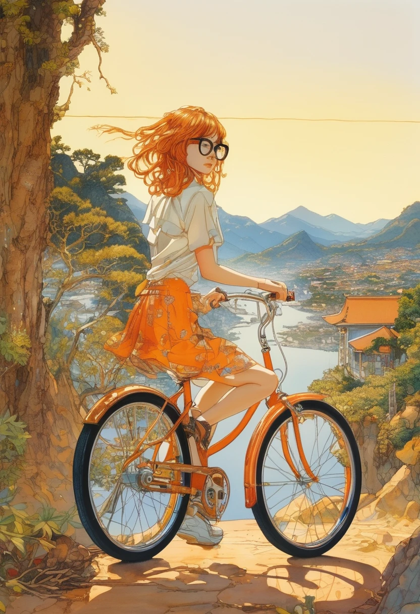 artwork:Katsuya Terada
8k, High resolution, A complex and intricate masterpiece, (Summer vacation:1.2), (Girl with glasses riding a bicycle:1.1), thin frame glasses、transparent, Glowing black eyes, Bicycle and brown eyeball, Medium Shot, Orange Hair, Organic Shapes, Hard Edge, Anatomically correct body,  Ultra-realistic, Bicycle elegant,Cinema Lighting, Very detailed, Vibrant colors, Octane Rendered Cat, Surreal atmosphere, Award-winning works, Bright and rich colors, iridescent accents, Dramatic Shadows,Dynamic and atmospheric lighting, Anamorphic Lens, Sharp focus, 
An intricate and detailed masterpiece by Katsuya Terada, Katsuya Terada Style, Pop Surrealism, watercolor , Kanna Hashimoto