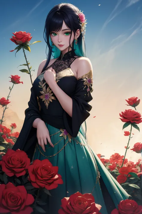 full HD foto realismo Exquisite and charming anime style illustration, Elza frozen fusão com Naruto dark Venom in the rose flowe...