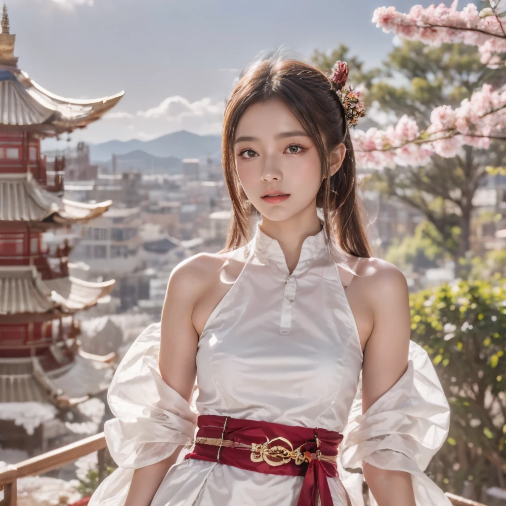 Blue sky and white clouds，Mountains in the distance、tower and many people，Pink flowers，Cherry tree，Hanfu woman,Phoenix crown tiara、Fine embroidery、穿Hanfu裤袜、Hanfu、穿长袖Hanfu、The legs are transparent and clearly visible、Look and、Exposed oversized breasts、Raw,(8K、Top quality、masterpiece:1.8)、(Intricate details:1.8)、(Reality:1.8)、Octane Rendering、Complex 3D rendering with ultra-details, Studio soft light, Side light, Vivid details, Super Detail, Realistic skin texture, Details, beautiful eyes, Highly detailed CG Unity 16k wallpaper, cosmetic, (Detailed background:2.0), Clear your fingers，Beautiful fingers，Radiant skin、Spread your legs，Camel toe showing thigh!!!、