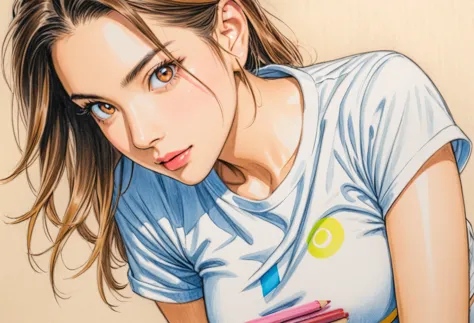 female，crop shirt，white，art，ad，colour pencil drawing，draft drawing