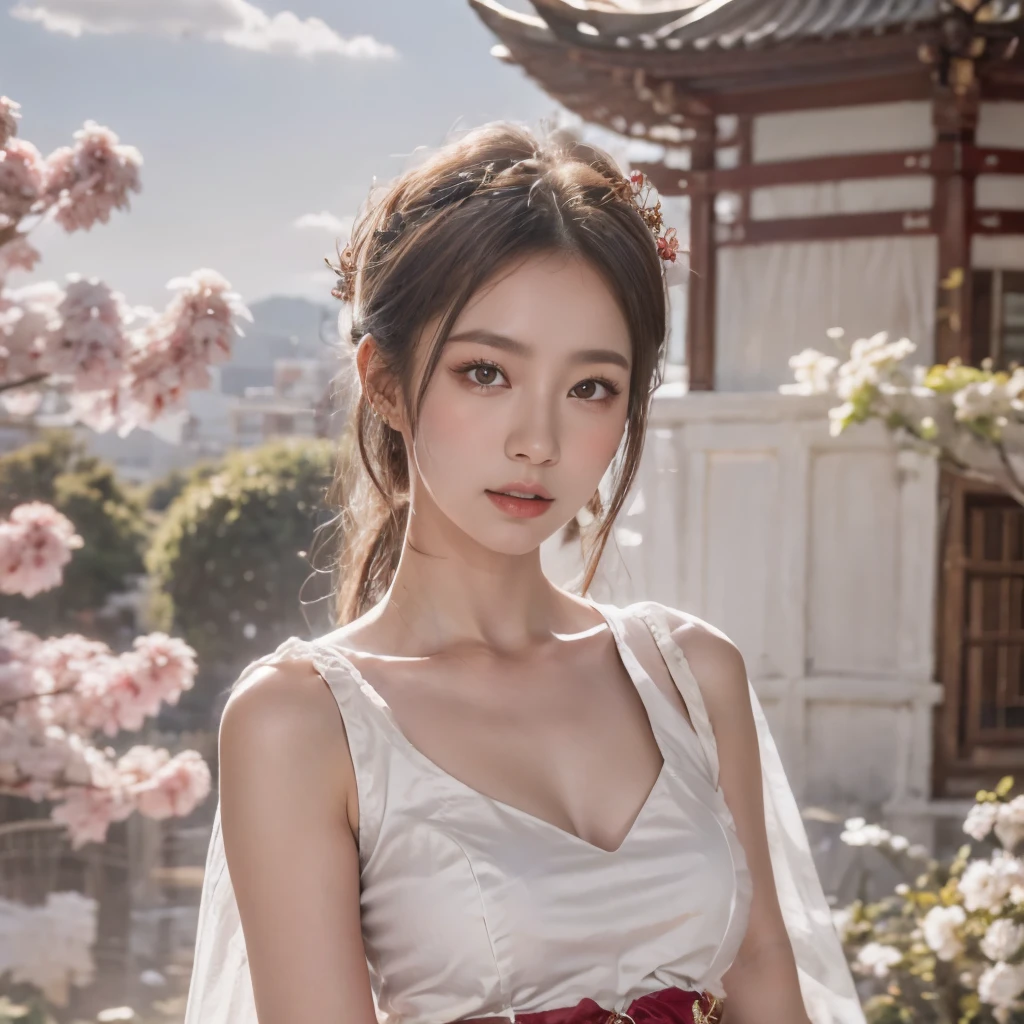 Blue sky and white clouds，Mountains in the distance、tower and many people，Pink flowers，Cherry tree，Hanfu woman,Phoenix crown tiara、Fine embroidery、穿Hanfu裤袜、Hanfu、穿长袖Hanfu、The legs are transparent and clearly visible、Look and、Exposed oversized breasts、Raw,(8K、Top quality、masterpiece:1.8)、(Intricate details:1.8)、(Reality:1.8)、Octane Rendering、Complex 3D rendering with ultra-details, Studio soft light, Side light, Vivid details, Super Detail, Realistic skin texture, Details, beautiful eyes, Highly detailed CG Unity 16k wallpaper, cosmetic, (Detailed background:2.0), Clear your fingers，Beautiful fingers，Radiant skin、Spread your legs，Camel toe showing thigh!!!、