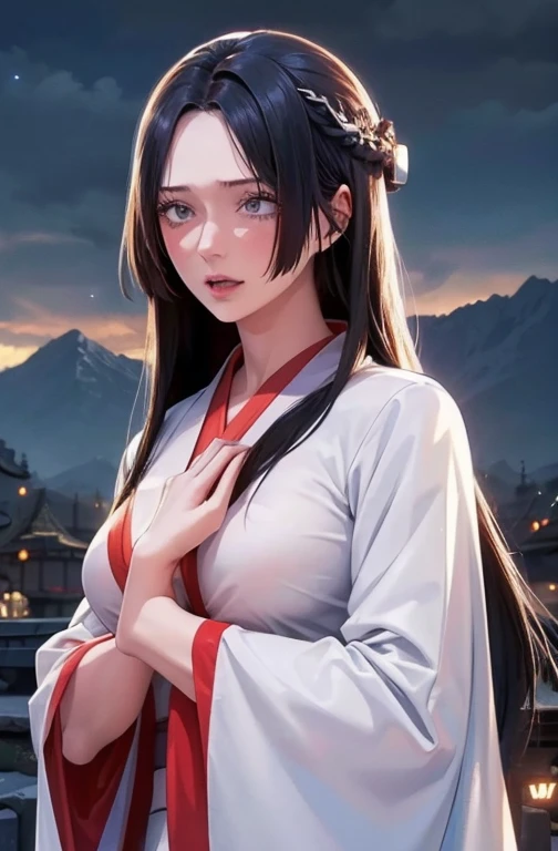 best quality, masterpiece, highres,, 1girl, Detailed face, (Upper body:1.6), Cyber cities, mountains and rivers, night, firefly lights, Realistic, rich in detail, (White hanfu:1.2), (beautiful body:1.4),