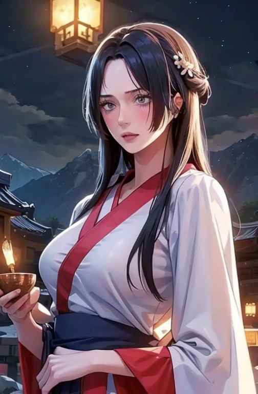 best quality, masterpiece, highres,, 1girl, Detailed face, (Upper body:1.6), Cyber cities, mountains and rivers, night, firefly lights, Realistic, rich in detail, (White hanfu:1.2), (beautiful body:1.4),