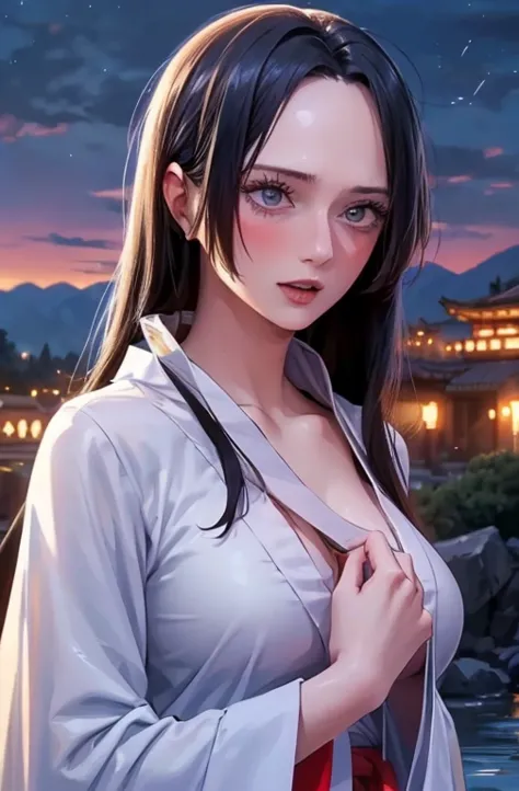 best quality, masterpiece, highres,, 1girl, Detailed face, (Upper body:1.6), Cyber cities, mountains and rivers, night, firefly ...