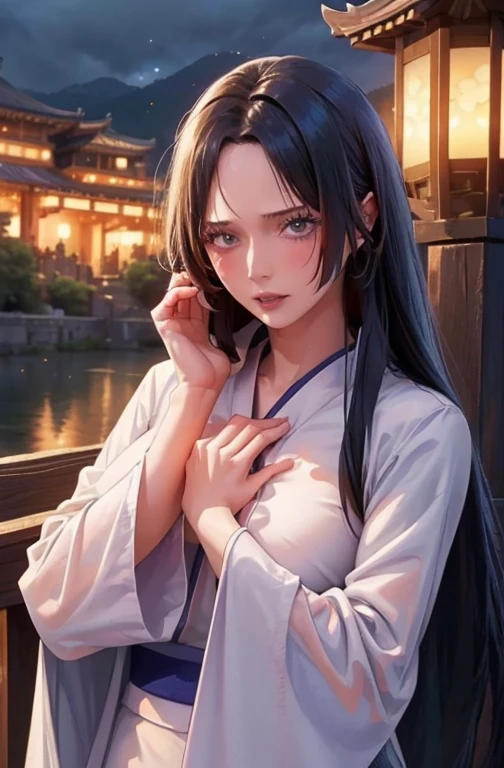 best quality, masterpiece, highres,, 1girl, Detailed face, (Upper body:1.6), Cyber cities, mountains and rivers, night, firefly lights, Realistic, rich in detail, (White hanfu:1.2), (beautiful body:1.4),