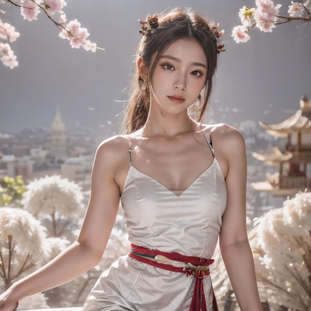 Blue sky and white clouds，Mountains in the distance、tower and many people，Pink flowers，Cherry tree，Hanfu woman,Phoenix crown tiara、Fine embroidery、穿Hanfu裤袜、Hanfu、穿长袖Hanfu、The legs are transparent and clearly visible、Look and、Exposed oversized breasts、Raw,(8K、Top quality、masterpiece:1.8)、(Intricate details:1.8)、(Reality:1.8)、Octane Rendering、Complex 3D rendering with ultra-details, Studio soft light, Side light, Vivid details, Super Detail, Realistic skin texture, Details, beautiful eyes, Highly detailed CG Unity 16k wallpaper, cosmetic, (Detailed background:2.0), Clear your fingers，Beautiful fingers，Radiant skin、Spread your legs，Camel toe showing thigh!!!、