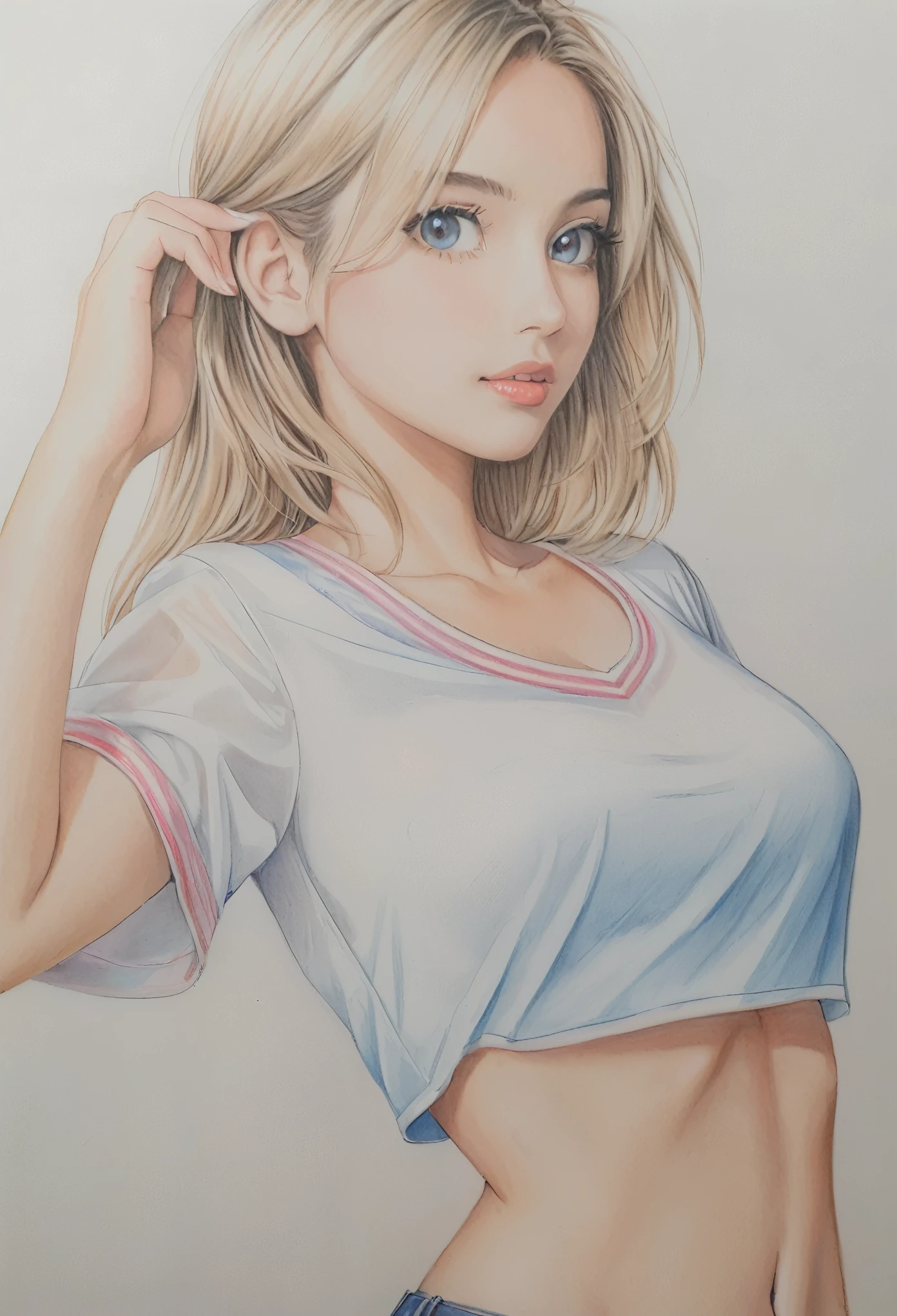  female，crop shirt，white，Art，colour pencil drawing，draft drawing 