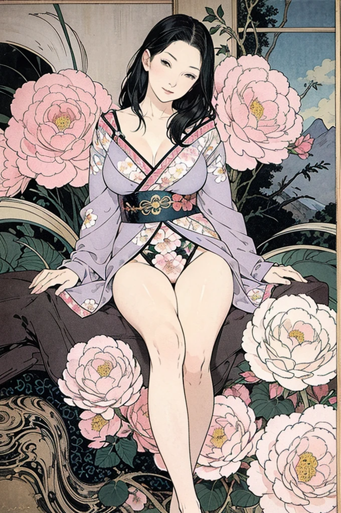 Detailed Background,Art Deco,Beautiful landscape painting,Botanical Art,Flower Art,(Floral:1.2), (masterpiece, Highest quality),Vibrant colors,colorful, Highest quality, Amazing details, Anatomically correct, Line art, Written boundary depth,Flat Shading,Bokeh, 
woman、、Black Hair、whole body、Pink good、Black panties、
Sit with your legs apart:1.5、sexy、Passionate、Stretch your legs、(Thighs)、(Large Breasts)、Plump Style、Black Sokcha Style、Ukiyo-e style、Looking up at the camera、Browsing Caution