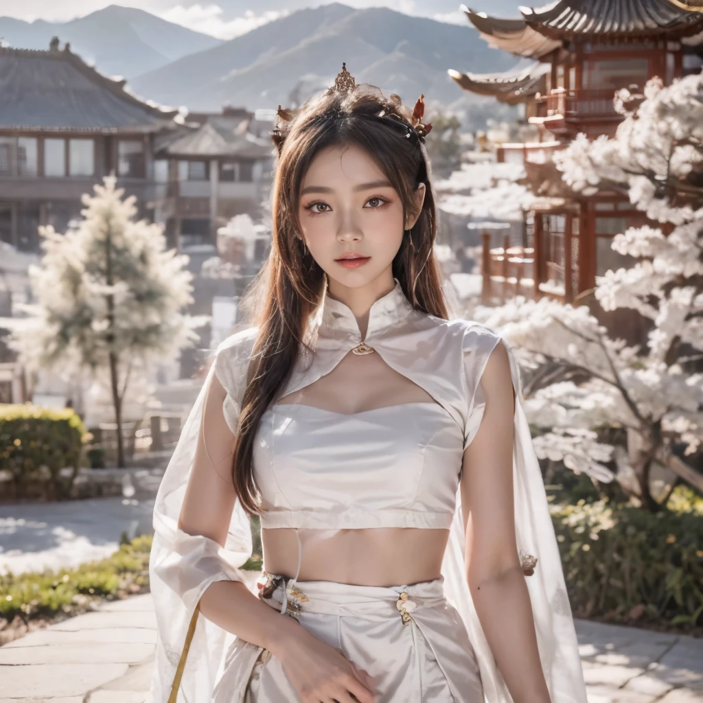 Blue sky and white clouds，Mountains in the distance、tower and many people，Pink flowers，Cherry tree，Hanfu woman,Phoenix crown tiara、Fine embroidery、穿Hanfu裤袜、Hanfu、穿长袖Hanfu、The legs are transparent and clearly visible、Look and、Exposed oversized breasts、Raw,(8K、Top quality、masterpiece:1.8)、(Intricate details:1.8)、(Reality:1.8)、Octane Rendering、Complex 3D rendering with ultra-details, Studio soft light, Side light, Vivid details, Super Detail, Realistic skin texture, Details, beautiful eyes, Highly detailed CG Unity 16k wallpaper, cosmetic, (Detailed background:2.0), Clear your fingers，Beautiful fingers，Radiant skin、Spread your legs，Camel toe showing thigh!!!、