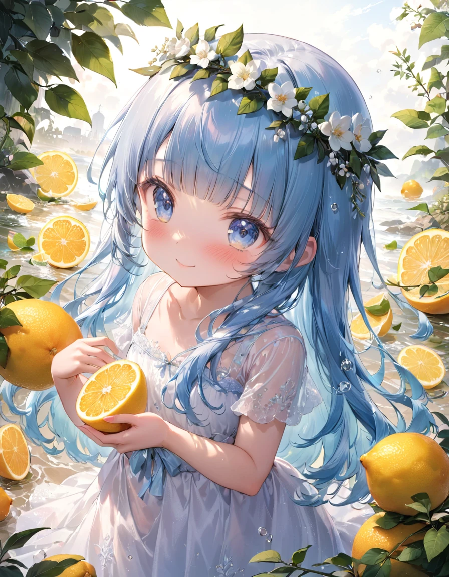 masterpiece, best quality, extremely detailed, (illustration, official art:1.1),adorable loli face、 1 girl ,(((( light blue long hair)))),pale blue hair,loli, long hair ((blush)) , cute face, big eyes, masterpiece, best quality,(((((a very delicate and beautiful girl))))),Amazing,beautiful detailed eyes,blunt bangs((((little delicate girl)))),tareme(true beautiful:1.2), sense of depth,dynamic angle,,,, affectionate smile, (true beautiful:1.2),,(tiny 1girl model:1.2),)flat chest、，Wear a wreath of leaves on your head, Standing among slices of lemons and taking a photo, Splash, Cool and complicated, Hand holding a sliced lemon, Eat a slice, Eat a slice of lemon, displeased expression, Fun and lively characters, close( Perfect Anatomy ) Beautiful and extremely fine texture，detailed, bright, High-resolution, high-quality presentations with animation style
