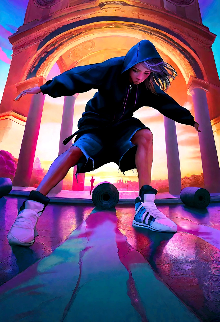 breakdance scene, fisheye lens, RossDraws style, 8K Ultra HD, emotion, breakdance dancer, black hooded coat, ripped knee-length pants, distressed sneakers, vibrant color palette, dramatic shadows, blur effect, Paris, Arc de Triomphe, sunset-lit sky, enchanting, magical, dramatic lighting, photorealistic realism, effervescent moment, urban movement, culture, skill, aesthetics, vibrant soul, inspired by Cyril Rolando, in style of cyril rolando, ross tran style, rob rey and kentaro miura style, rossdraws global illumination, epic digital painting