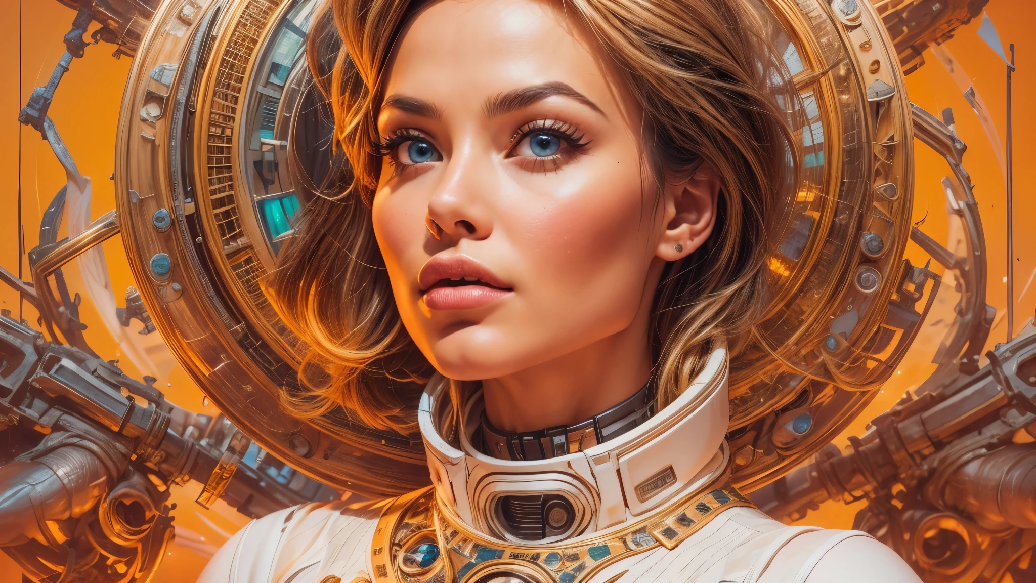 arafed image of a white woman in a futuristic suit with a spaceship in the background, movie art, in front of an orange background, inspired by Robert McGinnis, female protagonist, megastructure in the background, portrait of an ai astronaut, astronauts, an astronaut, portrait of a astronaut skeletor, perfect android girl, detailed eyes, perfectly detailed teeth, frank franzzeta and sakimichan  