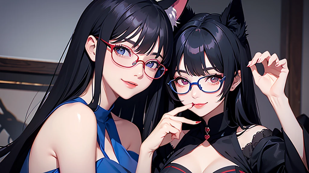 Black hair wolf ears。Blue Silk Dress。Red Glasses。Blue pupil。Smiling, looking up, blushing beautiful girl。Peering gesture。cleavage close-up