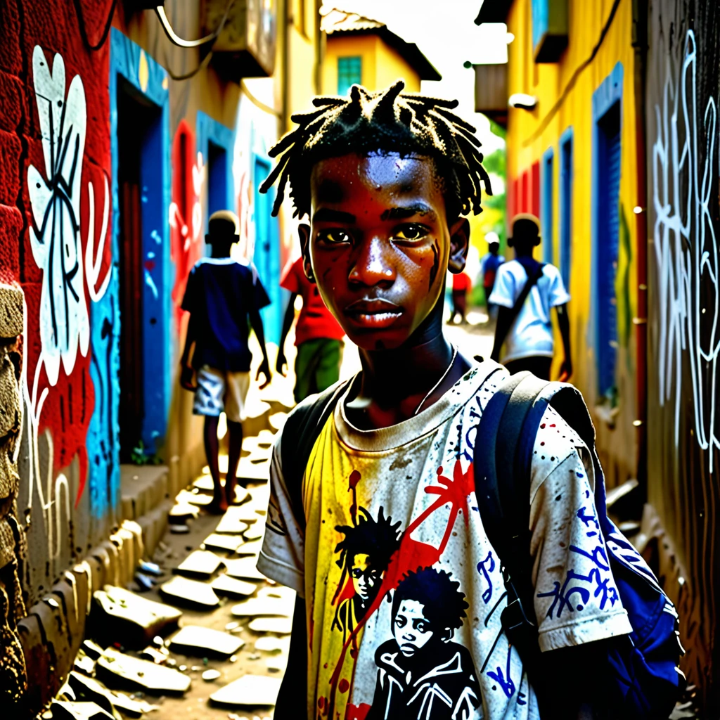 scenario: A dark, dirty alley with walls scrawled with graffiti and graffiti. Uma Dappled Light de um poste ilumina o centro do beco.
figuras:
children (12-15 years): Represent children of diverse ethnicities, with expressions of anguish and despair, holding objects related to drug trafficking or weapons WITH BLURRED FACES Muleke (15-18 years old): Represent a young man with a cold and distant look, of different ethnicity than the children, selling drugs to them.
"Jah&#39;s Floral": Paint one "Jah&#39;s Floral" faded and scrawled on one of the alley walls.
colors: Use dark tones like gray, blackw, dark blue, with red details (bloodstains, danger) and yellow (Dappled Light).
atmosphere: The image should have a heavy atmosphere, full of despair, violence and hopelessness, but with a trace of hope symbolized by the "Jah&#39;s Floral".
detaileds:
The image must highlight the vulnerability of youth and the cultural diversity present in communities.
The presence of "Jah&#39;s Floral" must show the fragility of faith in the midst of urban violence.
Children&#39;s expressions must be impactful, conveying the cruel reality of the streets and the lack of opportunities.