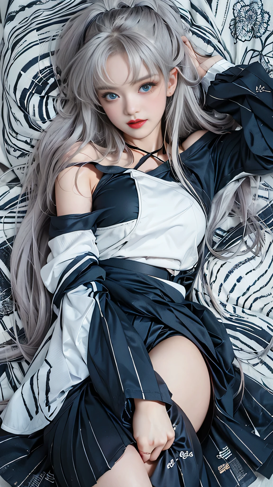 Real、high resolution、1 female、Hip Up、(Long eyelashes、)、（(Big Blue Eyes))、（Face details）、Gray Hair、Long Hair、((Off-the-shoulder maid outfit)）、 （(Lift-up skirt))、（(Black lace panties are visible)）,((Girl lying on sofa bed)),(、(Skirt soaring in the wind)）、(slim and long legs)、