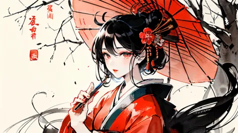 (((Oiran))),(((Prostitute))), Flashy kimono,hair ornaments, Scenery of kyoto,(((Pencil Art:1.2、Line art、Black and white art:1.2)...