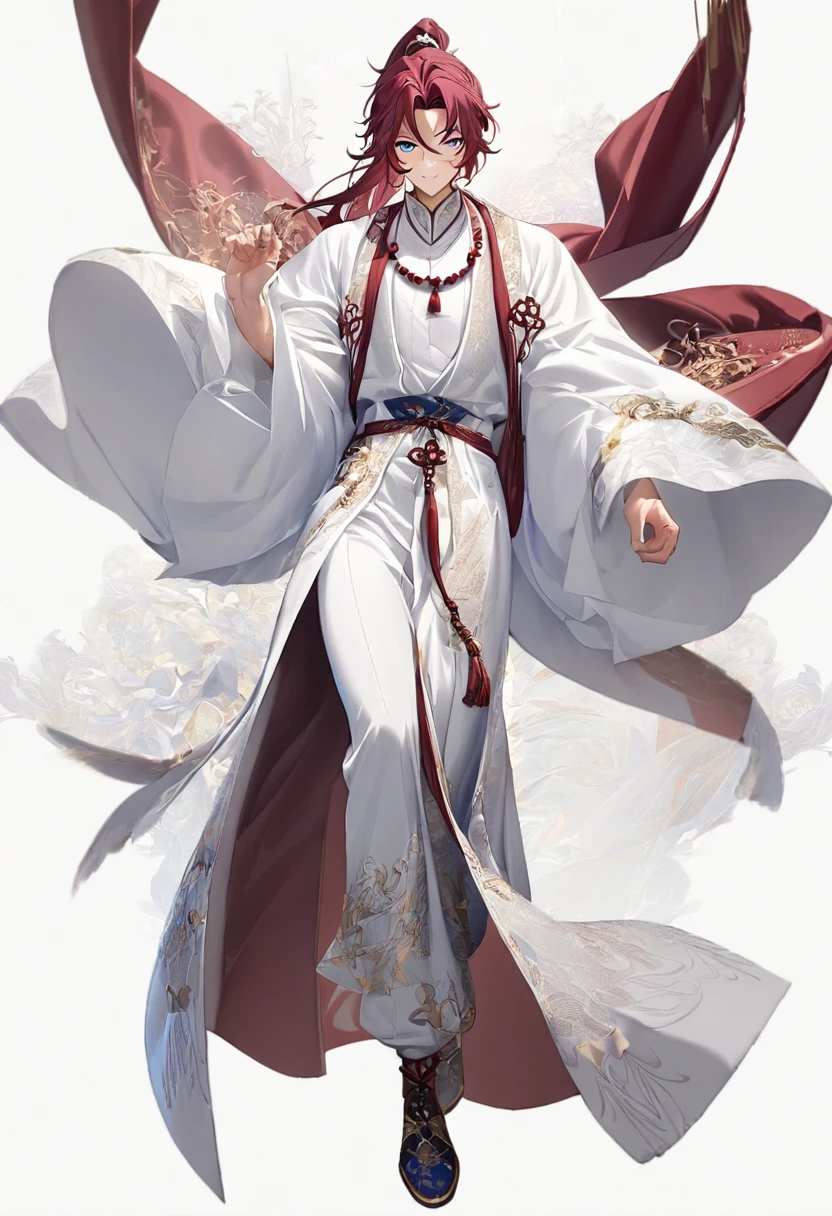 (1 boy:1.5), (burgundy color hair:1.2), (Beautiful Eyes), Detailed face, Graceful features, Dreamy Style, China_ High Ponytail, China_Hanfu, Taoist Robe, (Blue and white outfit:1.5), Ornate Robe, Towards the boots, Digital Art, White background, Simple Background, Gentle expression, Beaded Necklaces, Stand on your own two feet, Full Body Lesbian, Romanticism, Wandering Knight, 非常に美しいサイバーパンクDigital Artワーク, Male Focus, good looking, Heroic look, Adonis, Anime Style, Depth of written boundary, Textured skin, Attention to detail, high quality, 8K