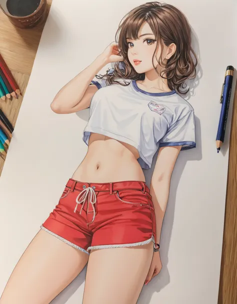  female，crop shirt，white，Art，draft drawing，colour pencil drawing，scan drawing 