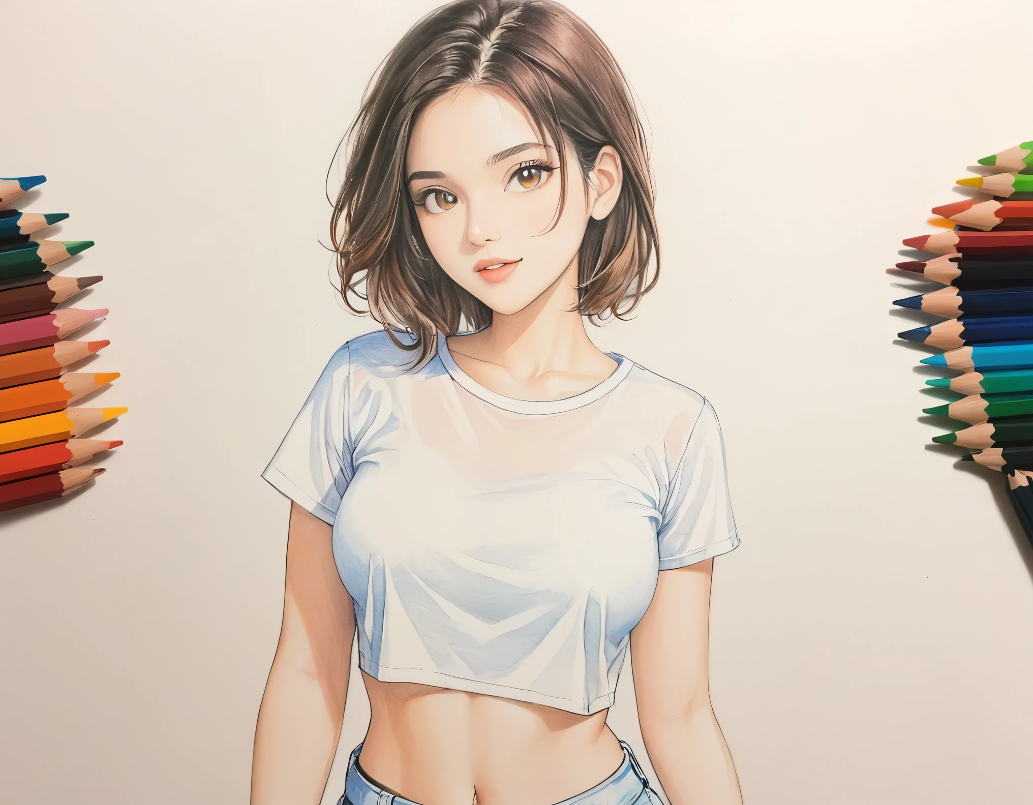  female，crop shirt，white，Art，draft drawing，colour pencil drawing，scan drawing 