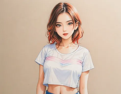 female，crop shirt，white，art，draft drawing，colour pencil drawing，scan drawing