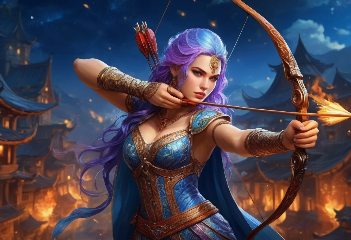 a picture of fire sorceress firing a flaming arrow from a magnificent epic bow, an (elite glamour beautiful: 1.2), fire sorceress, ultra detailed face,  perfect face, blue hair, long hair, wavy hair, wearing wild glamour dress, intricate dress, purple dress , with fire patterns on it, aiming an epic bow with a flaming arrow,  dynamic bow, sting drawn to the cheek , arrow ready to be shot, dynamic bow, sting drawn to the cheek , arrow ready to be shot, it is night, moon light, starry night, cloudy night,  high details, best quality, 16k, [ultra detailed], masterpiece, best quality, (extremely detailed), dynamic angle, full body shot, fantasy urban street at night bacground,  ,faize, firing and arrow, bow (weapon)