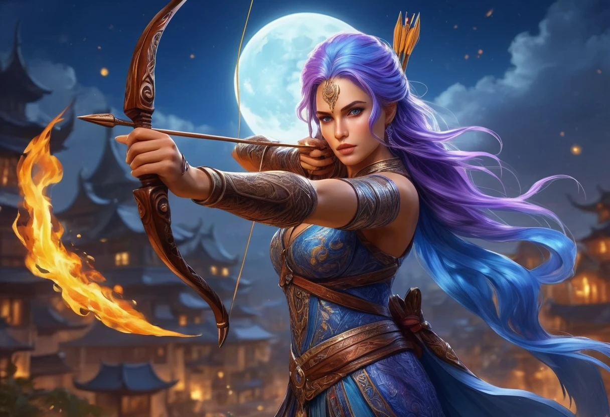 a picture of fire sorceress firing a flaming arrow from a magnificent epic bow, an (elite glamour beautiful: 1.2), fire sorceress, ultra detailed face,  perfect face, blue hair, long hair, wavy hair, wearing wild glamour dress, intricate dress, purple dress , with fire patterns on it, aiming an epic bow with a flaming arrow,  dynamic bow, sting drawn to the cheek , arrow ready to be shot, dynamic bow, sting drawn to the cheek , arrow ready to be shot, it is night, moon light, starry night, cloudy night,  high details, best quality, 16k, [ultra detailed], masterpiece, best quality, (extremely detailed), dynamic angle, full body shot, fantasy urban street at night bacground,  ,faize, firing and arrow, bow (weapon)