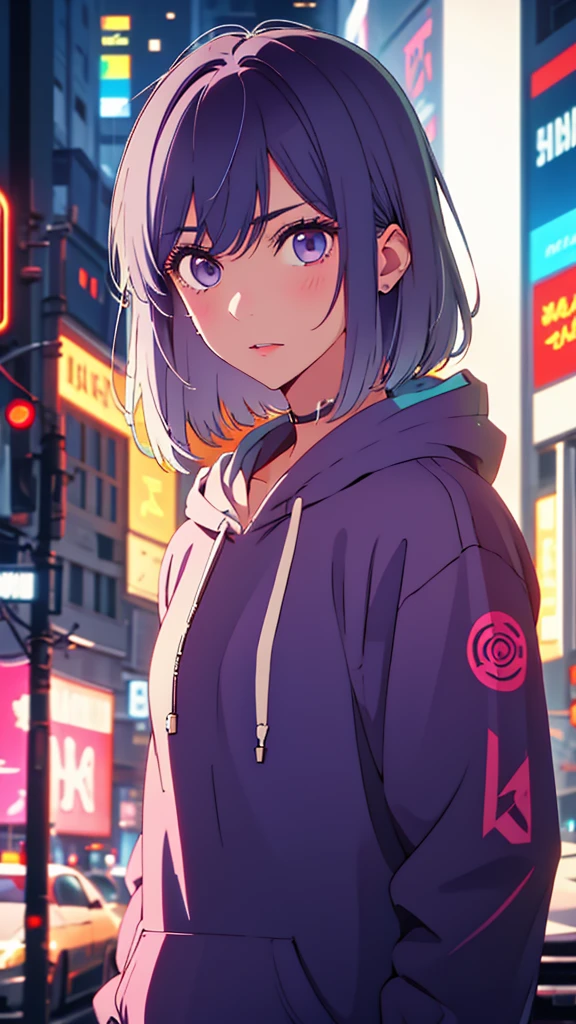 Man wearing a hoodie purple eyes white hair short hair cold stare ,cyberpunk neon detailed face