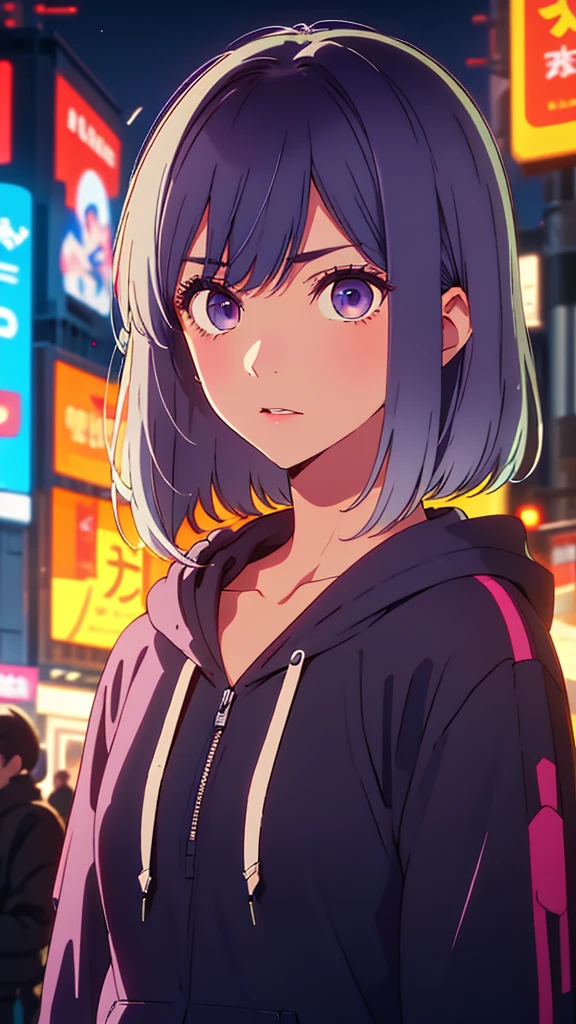 Man wearing a hoodie purple eyes white hair short hair cold stare ,cyberpunk neon detailed face