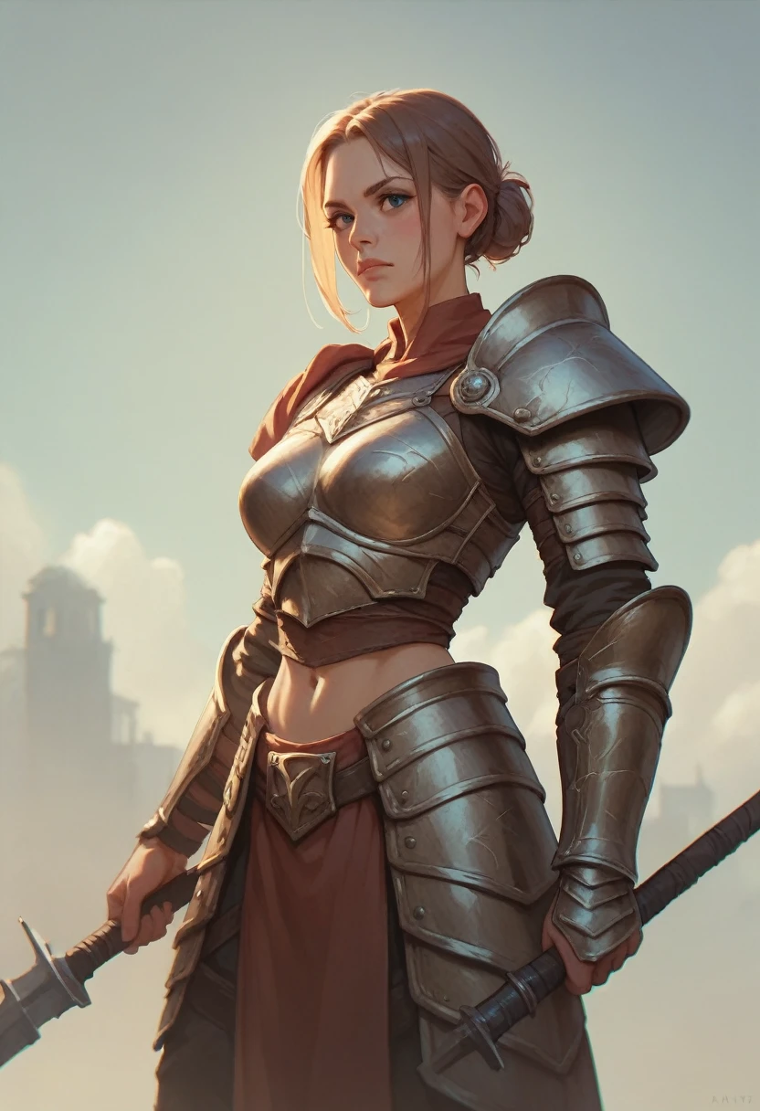 Girl holding a bow，Hart neckline，Crude armor，Waist armor