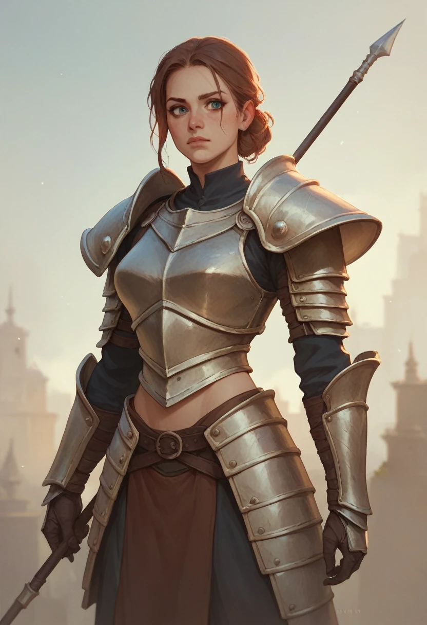 Girl holding a bow，Hart neckline，Crude armor，Waist armor