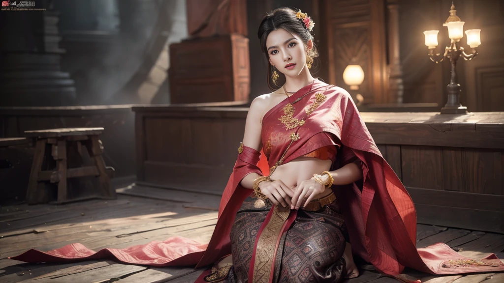 (raw photos:1.2), (realistic:1.4), (Masterpiece:1.3), (best quality:1.4), Ultra high resolution, (Detailed eyes), (Detailed facial features), (Detailed clothing features), HDR, 8k resolution, Focus only, Dressing according to Thai tradition, Traditional shawl , 1 woman , big breasts, A gigantic rift, big breastsดันเสื้อผ้า, big breast, The breasts will fully grow..., Make your breasts bigger.., small waist, Long legs, Facing the audience, full body, depth of field, Cinema-grade lighting system, big breasts, Too big for your body, Revealing a flat stomach, The lower half of the chest can be seen..., Sexy sitting posture, Pictures from eye-catching angles, Correct picture elements, The picture is complete.,